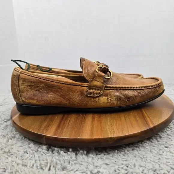 Zelli Mens 10.5M Brown Leather Patina Business Casual Wooden Horsebit Loafer